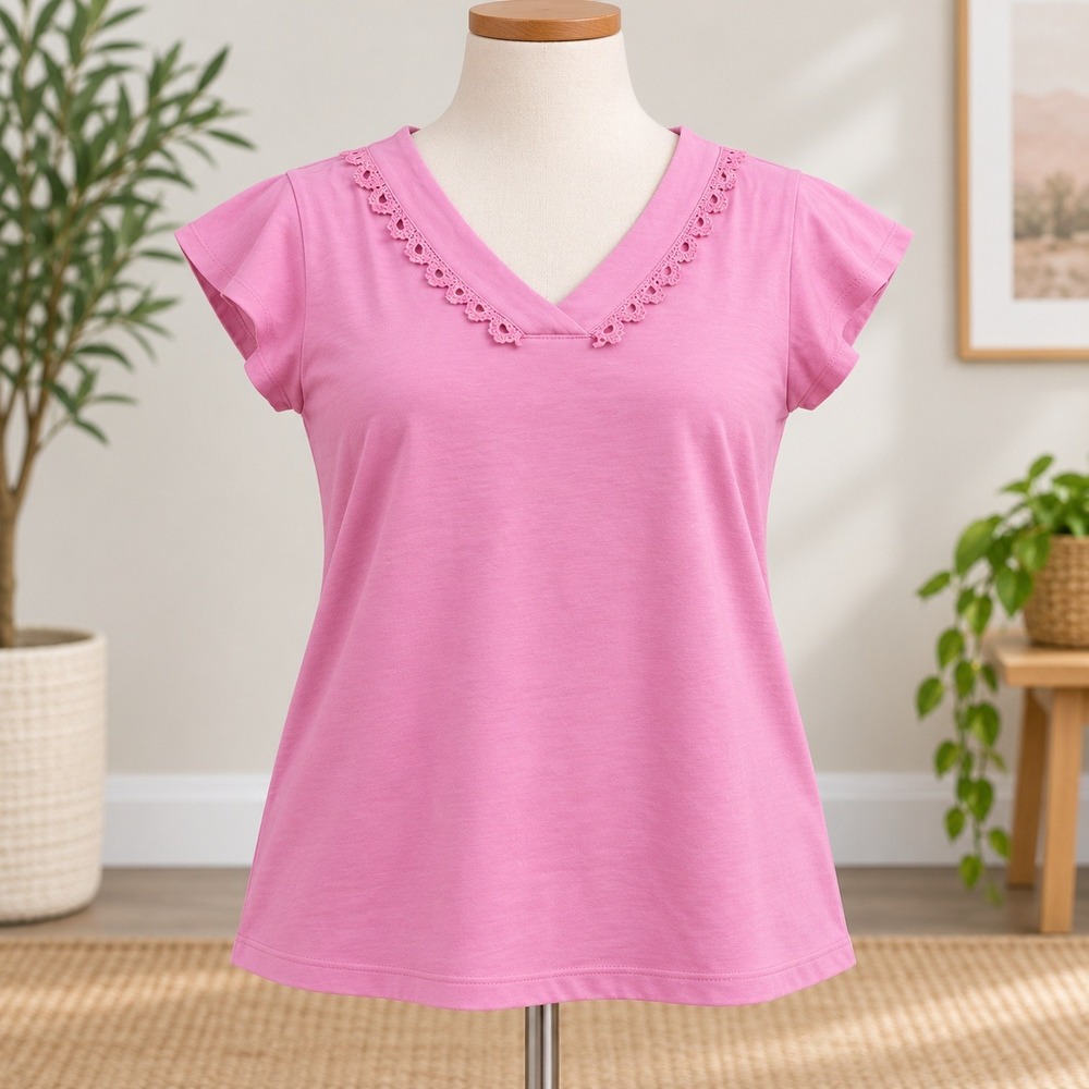 NEW Denim & Co Short Sleeve Top Womens XS Mauve Pink Crochet Lace V-Neck Shirt